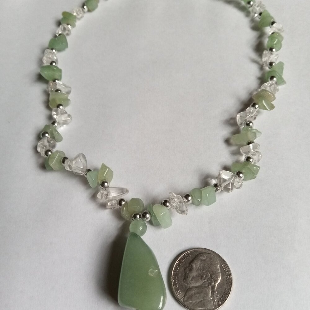Green Aventurine and Clear Quartz Chip necklace w/Aventurine Pendant